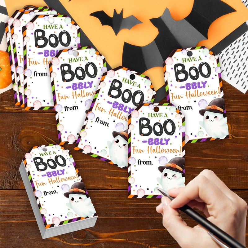 HandEasy 50 Pcs Halloween Tags with String, 2.1"×3.5" Ghost Paper Gifts Tags, Boo Trick or Treat for Candy, Halloween Gifts Tag Wrap for Party Favor - B07 - Image 3